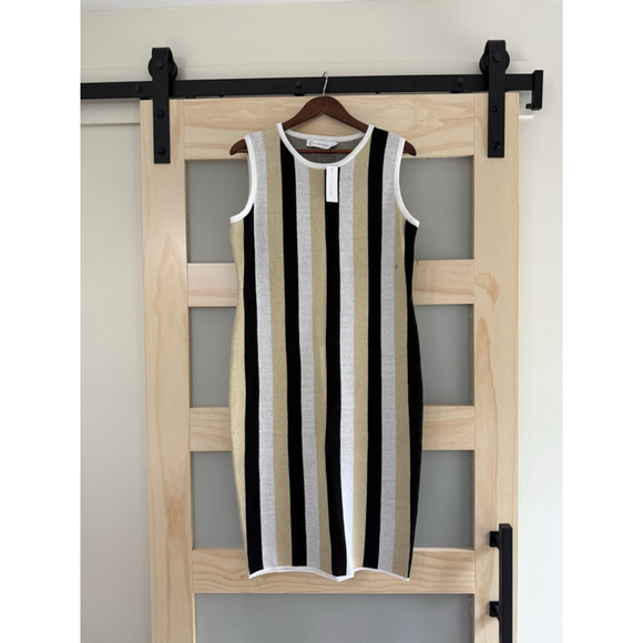 New York & Company NWT Striped Knit Sheath Dress Large Black Tan White Bodycon - Picture 1 of 8